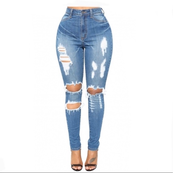 Threelafleurs Denim - Women High Waist Distressed Blue Skinny Jeans